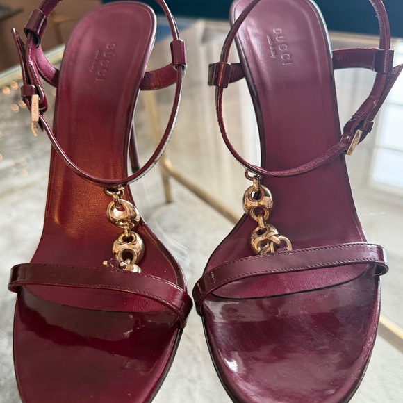 Gucci Sand Pelle S Cuoio Vernice Soft Metal Red Cherry horsebit heel sandal 9.5B - Picture 8 of 13